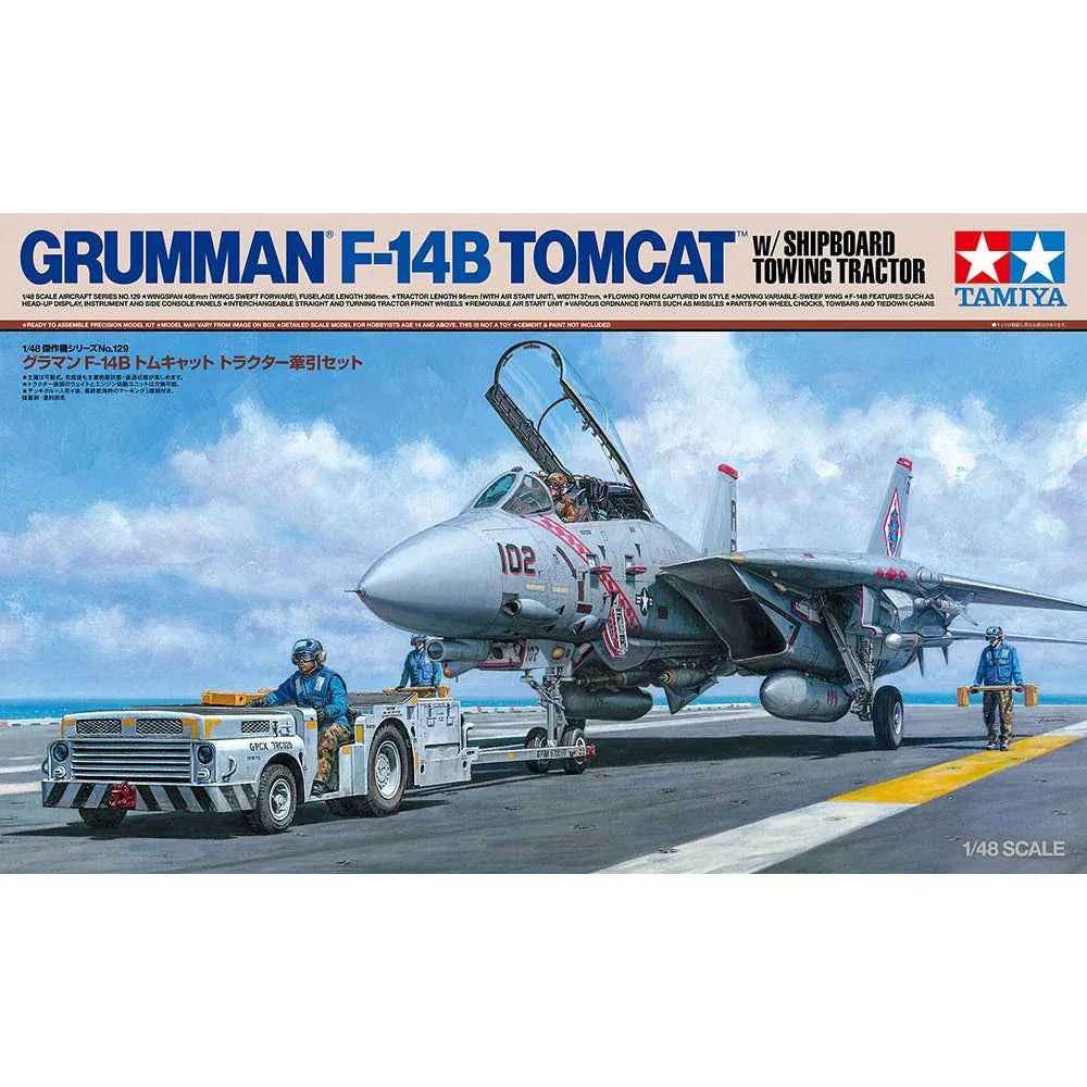Tamiya 1/48 Grumman F-14B Tomcat with Shipboard Towing Tractor Plastic Model Kit [61129]
