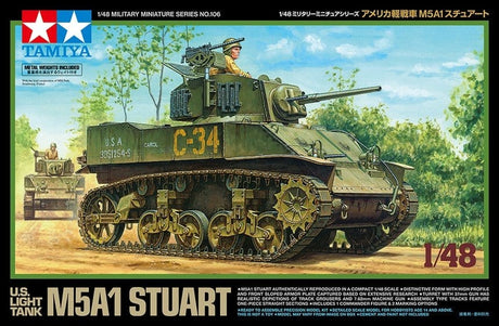 Tamiya 1/48 US Light Tank M5A1 Stuart Tank Plastic Model Kit [32606] - Hobbytech Toys