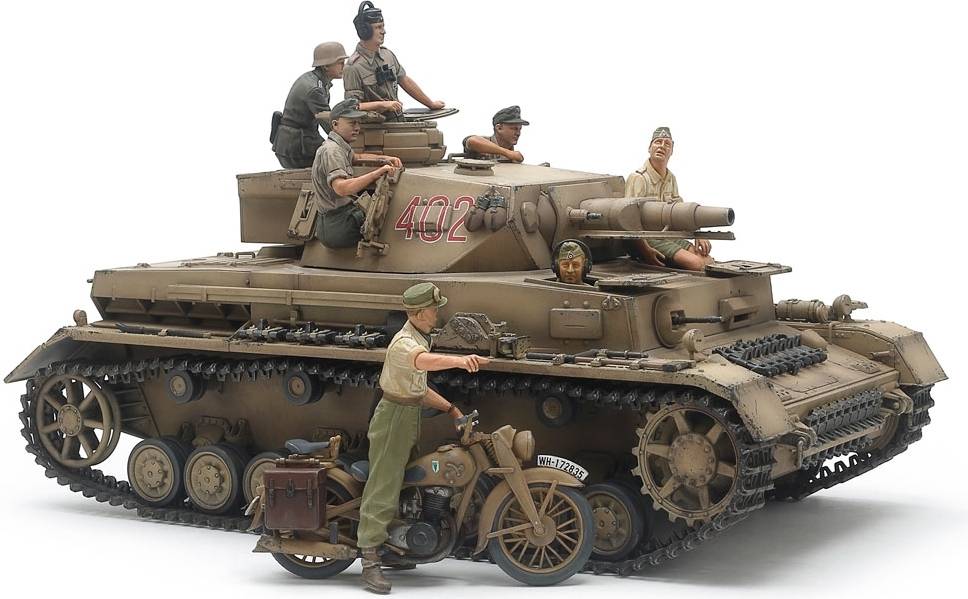 Tamiya 25208 1/35 Panzerkampfwagen IV Ausf.F and Motorcycle Set North Africa Plastic Model Kit - Hobbytech Toys