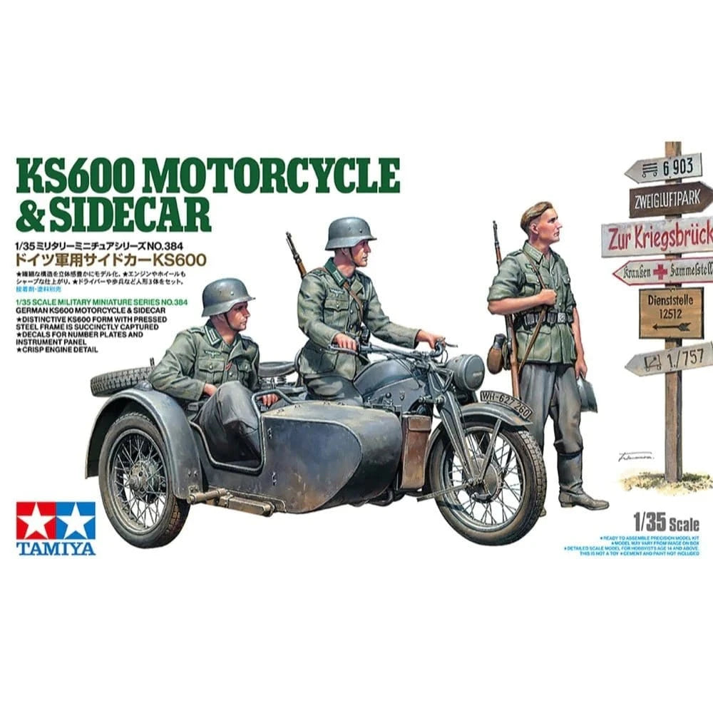 Tamiya 35384 1/35 German KS600 Motorcycle with Sidecar Plastic Model Kit - Hobbytech Toys