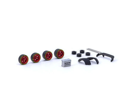 Tarmac 64W - 006 - RD 1/64 Rotiform HUR Chrome Red - Package Includes/ 4 x Rims / 4 x Tires / 2 x Regular Axis / 2 x Cambered axis / 1 set of spacer / RWB accessories - Suitcase, RWB 964 rear fenders, big rear wing - Hobbytech Toys