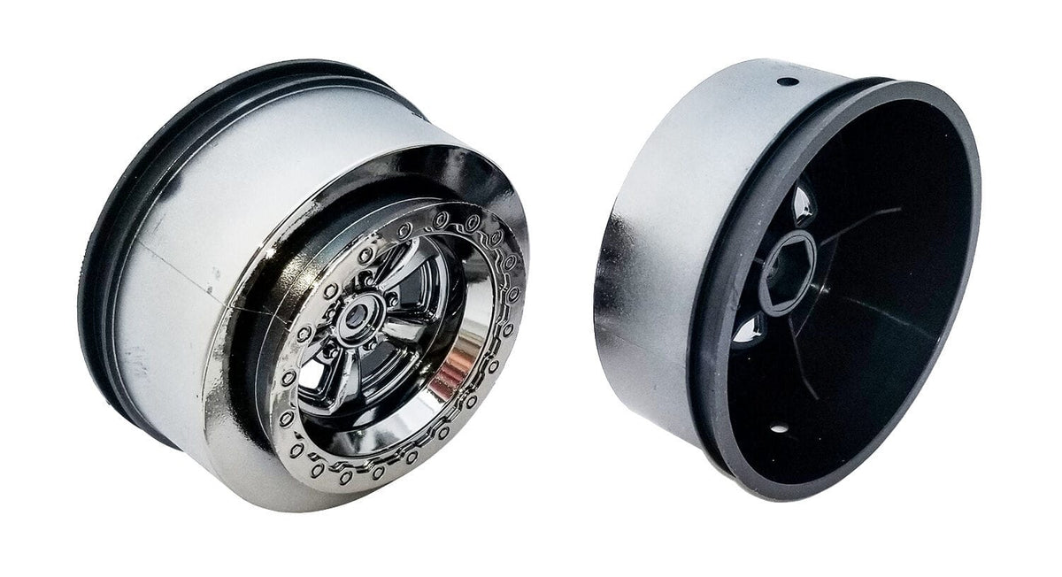 Team Associated Drag Rear Wheels, 2.2in / 3.0in, 12mm hex, black chrome [71076]
