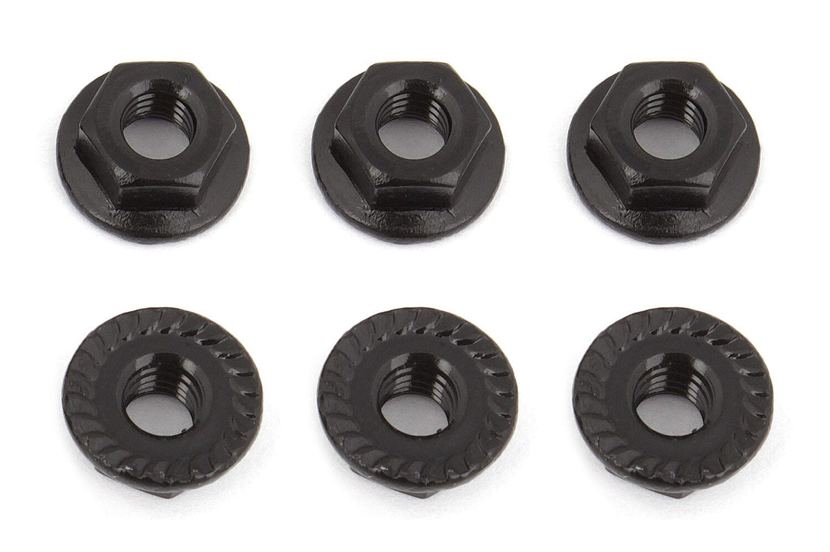 Team Associated Wheel Nuts, M4, Serrated, flanged, black steel [91738]