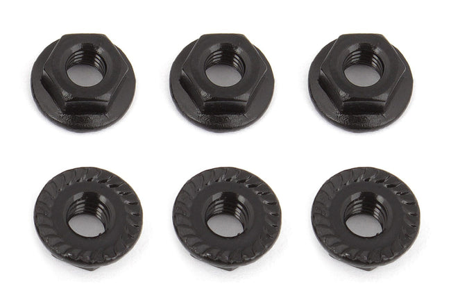 Team Associated Wheel Nuts, M4, Serrated, flanged, black steel [91738]