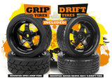 Grip and drift tires for 1/10 scale RC cars, mounted on black rims with eye-catching yellow accents, ready for high-performance driving.