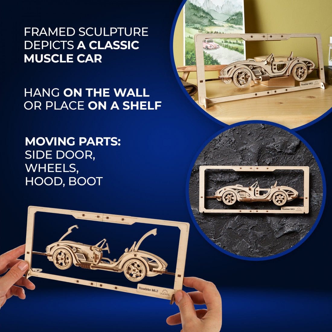 Ugears 70195 Roadster MK3 2.5D Puzzle 62pc Wooden Model Kit - Hobbytech Toys