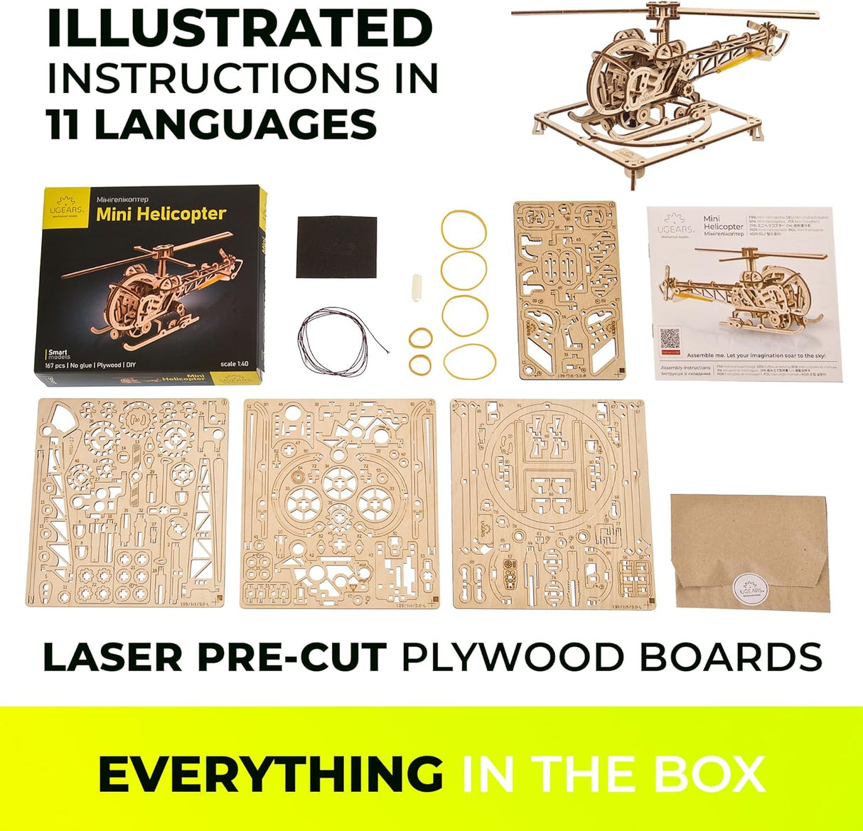 UGears 70225 Mini Helicopter Wooden Model Kit - Hobbytech Toys