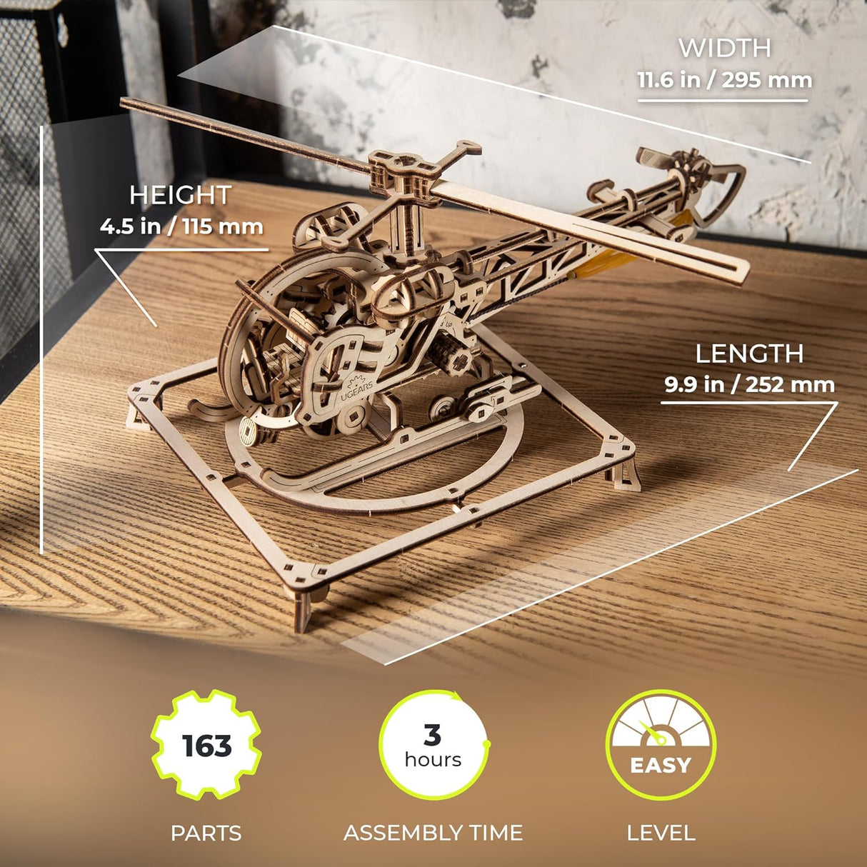 UGears 70225 Mini Helicopter Wooden Model Kit - Hobbytech Toys