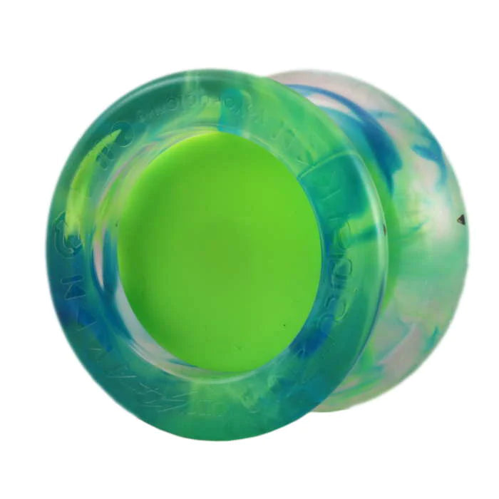 Vibrant green and blue yo-yo from the YoYo Factory Replay Pro collection, showcasing a sleek, modern design with a swirling pattern.