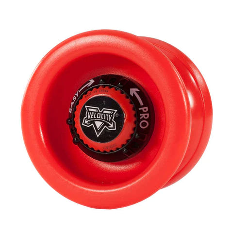 Red, sleek YoYo toy with the "Velocity" brand logo visible on the body.