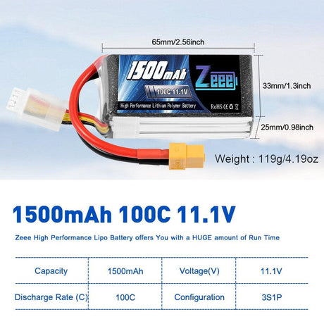 ZEEE Power 1500mAh 3S 11.1V 100C Softcase LiPo Battery with XT60 connector