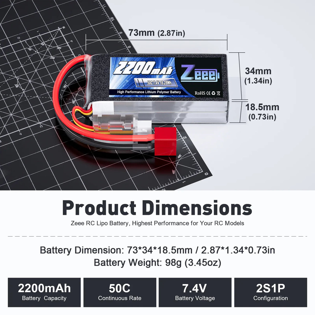 ZEEE Power 2200mah 2S 7.4v 50C Softcase Lipo Battery - Deans