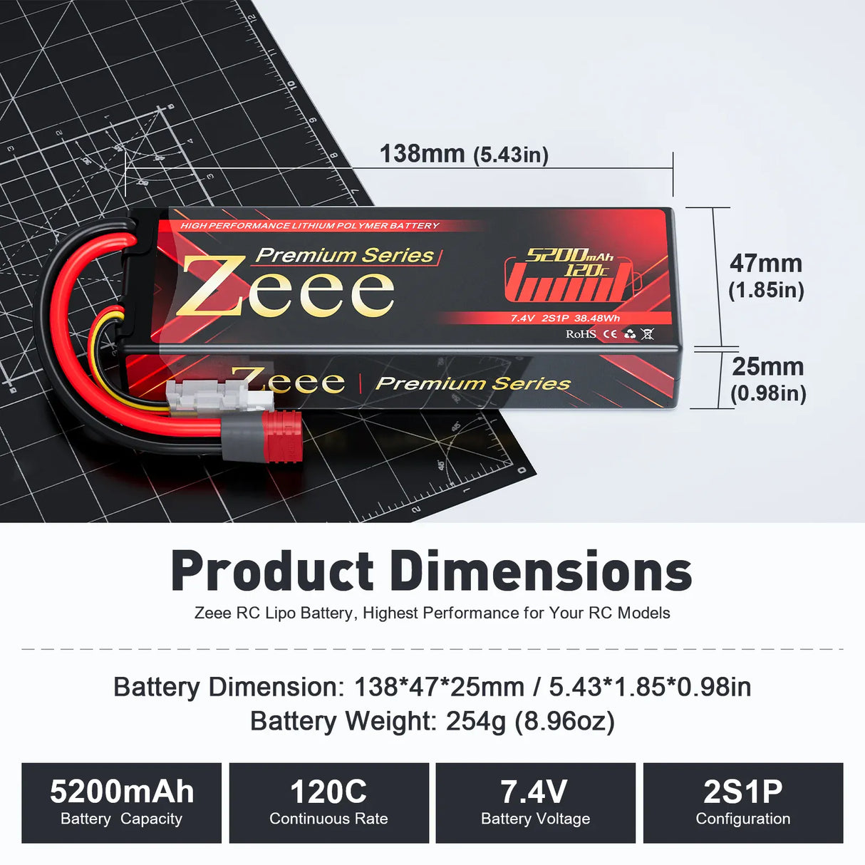 ZEEE Power 5200mah 2S 7.4v 120C Hardcase Lipo Battery - Deans
