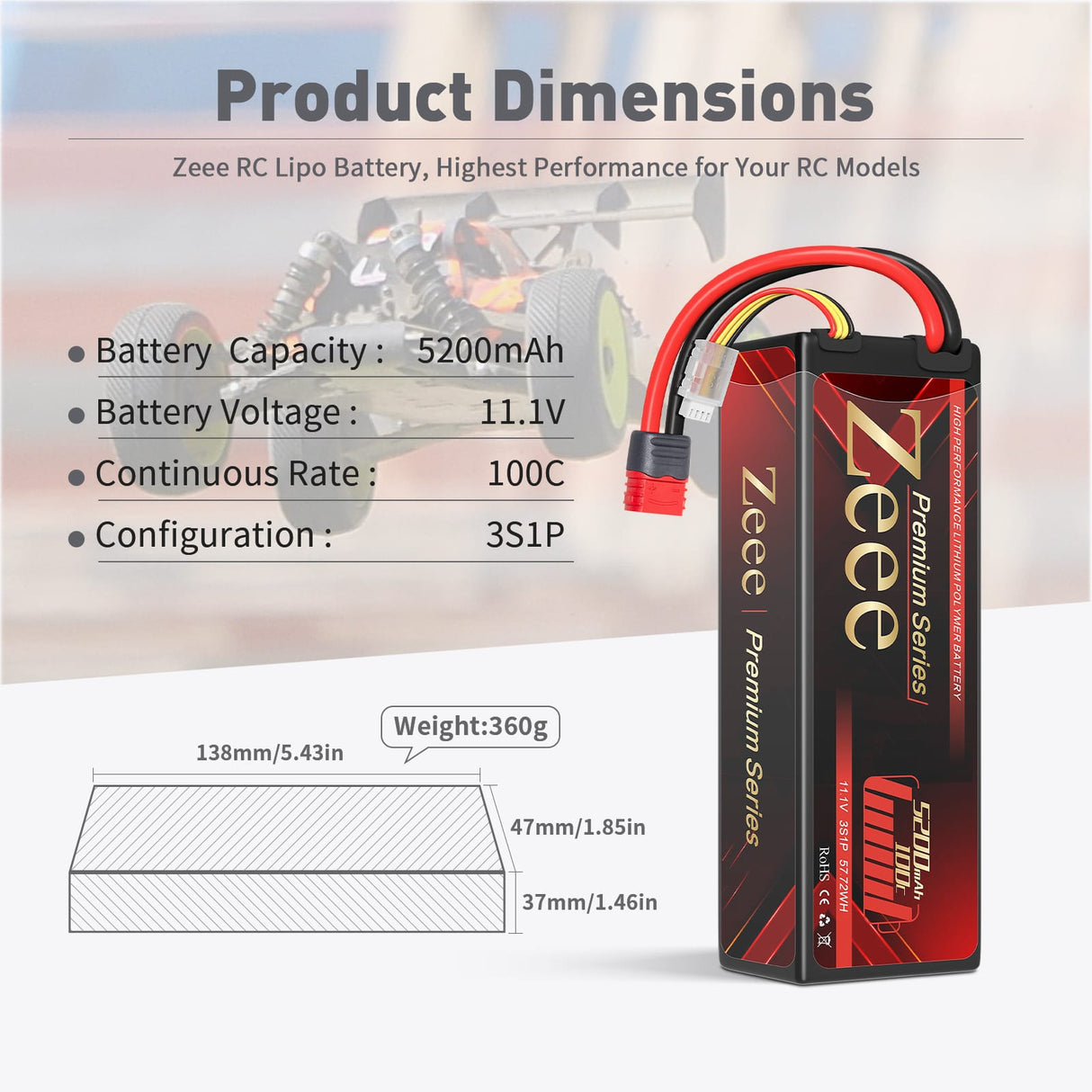ZEEE Power 5200mah 3S 11.1v 100C Hardcase Lipo Battery - Deans