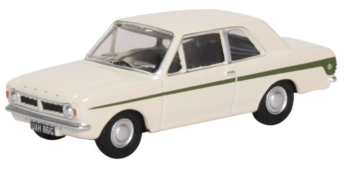 Oxford 1/76 Ford Cortina Mk2 Ermine White with Sherwood Green Stripe - Hobbytech Toys