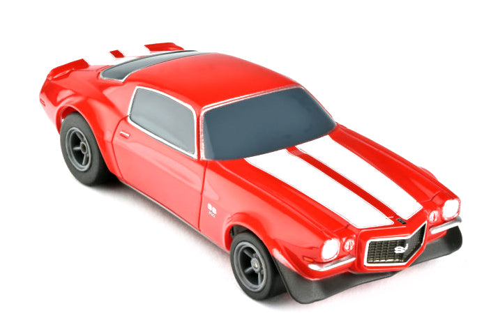 Sleek red vintage Camaro SS-350 slot car with racing stripes, capturing the classic design and sporty appeal of this iconic American muscle car.