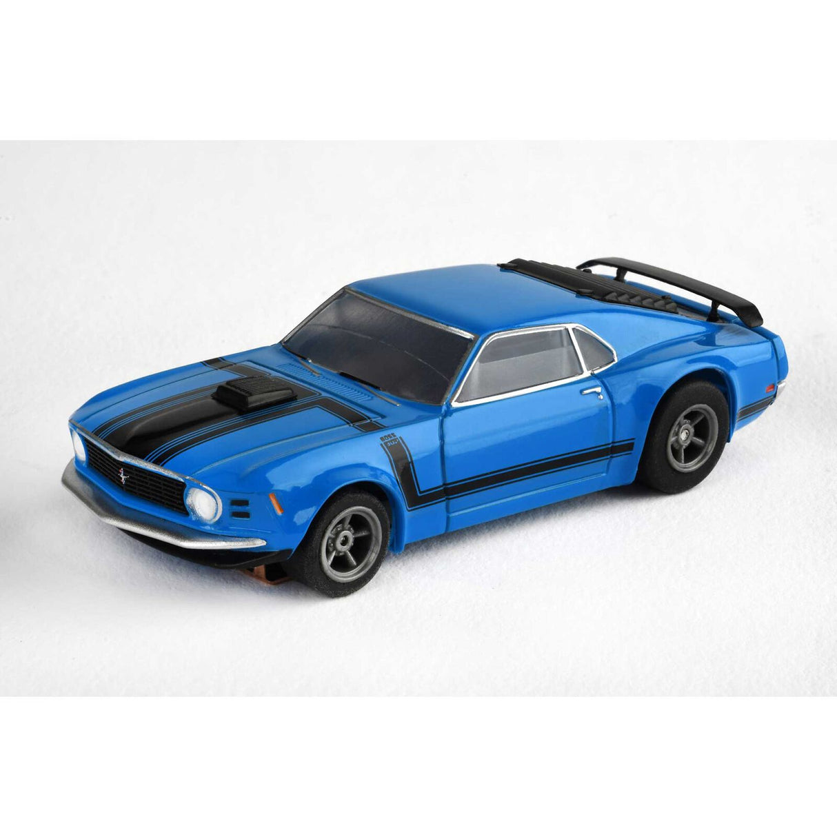 Detailed blue sports car model with black accents and racing features, showcased on a plain background.