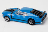 Glossy blue racing car with sleek design and black accents, the AFX 22026 Mega-G+ Mustang Clear Boss 302 Blue slot car.