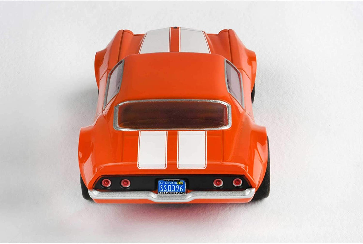 Orange and silver Chevy Camaro SS396 slot car model with rear license plate details