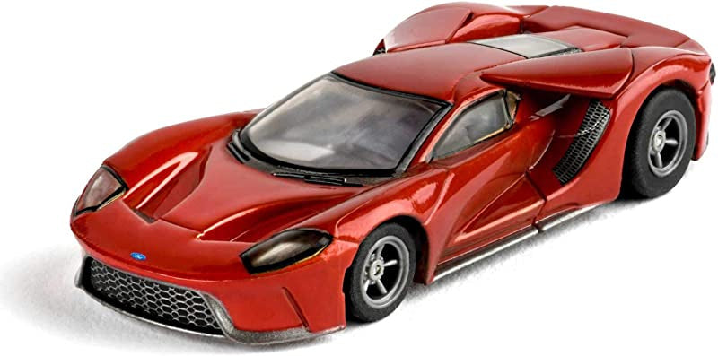 Red sports car model of the AFX Mega-G+ Ford GT Liquid Red slot car, featuring sleek design and dynamic details.