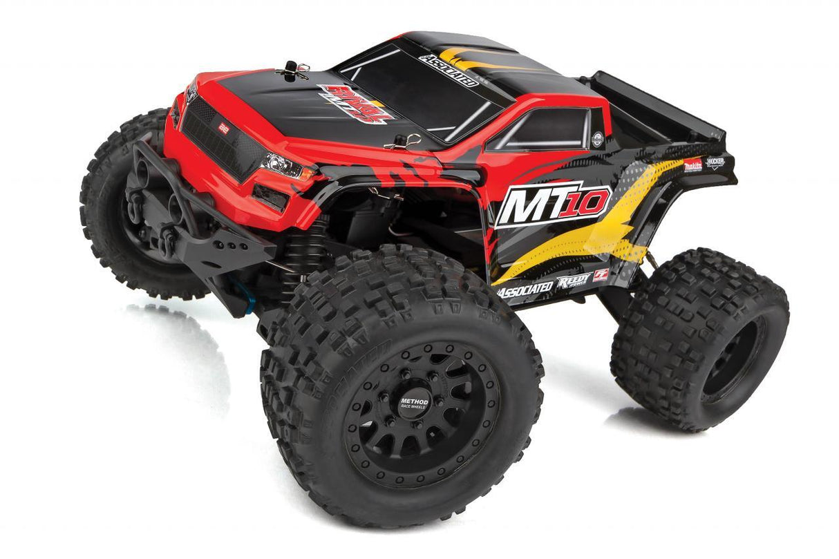 Tough red and black Team Associated Rival MT10 monster truck ready for off-road adventure.