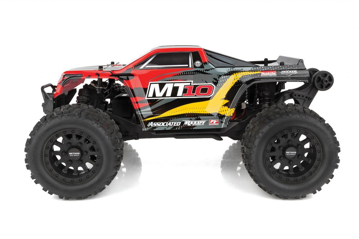 Powerful red RC monster truck with large all-terrain tires, aggressive suspension, and impressive MT10 branding.