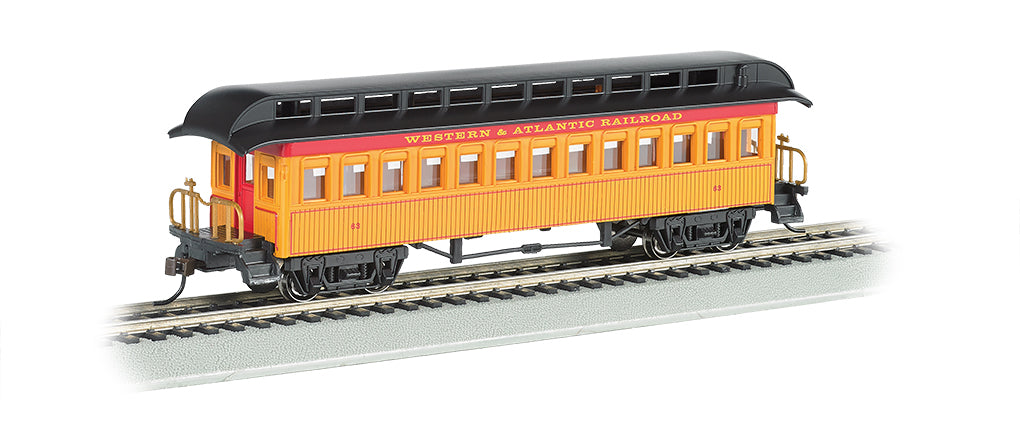 Bachmann HO Old Time Wood Coach with Round-End Clerestory Roof - Ready to Run - Western & Atlantic (yellow, red, black) Bachmann TRAINS - HO/OO SCALE