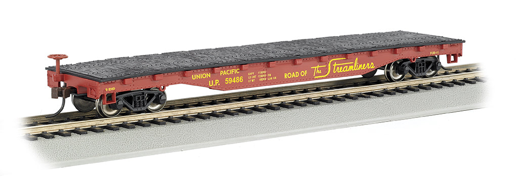 Bachmann 17303 HO 52ft Flatcar - Ready to Run - Silver Series(R) - Union Pacific #59486 (Boxcar Red, yellow; Streamliners Slogan) - Hobbytech Toys