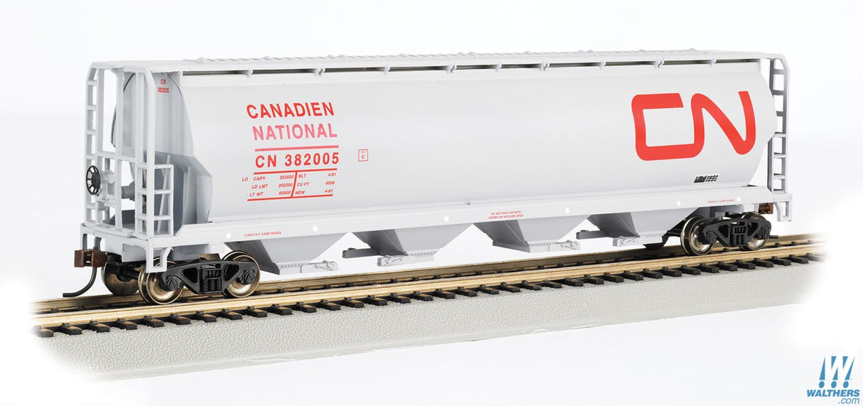 Bachmann HO Canadian Cylindrical 4-Bay Grain Hopper - Ready to Run - Silver Series(R) - Canadian National (white, red; Large Noodle Logo) Bachmann TRAINS - HO/OO SCALE