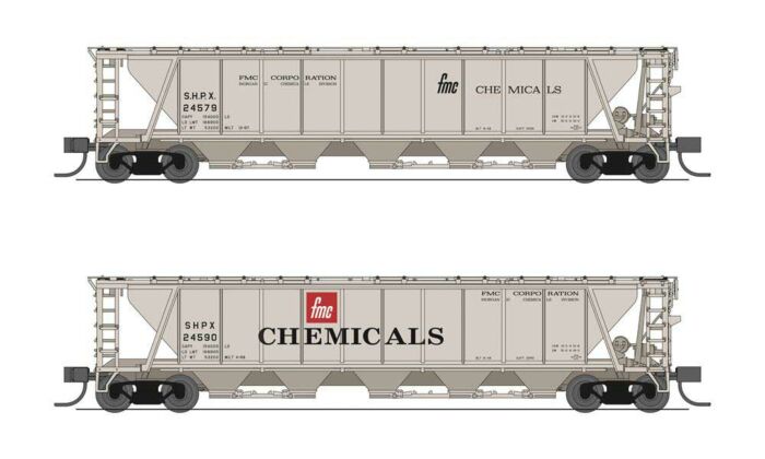 Broadway Limited N PRR Class H32 5-Bay Covered Hopper 2-Pack - Ready to Run - FMC Chemicals (Fantasy Scheme, gray, 2 Different Logos) - Hobbytech Toys