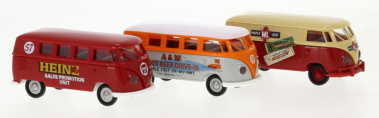 Brekina HO 1960 Volkswagen Van Set - Assembled - 1 Each: Heinz 57, A&W Root Beer, Maple Leaf Gum - Hobbytech Toys