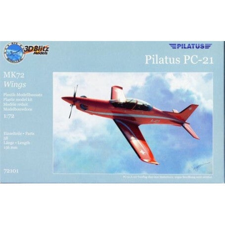 Detailed 1:72 scale model kit of the Pilatus PC-21 propeller aircraft, featuring a bright red fuselage and wings against a cloudy sky.