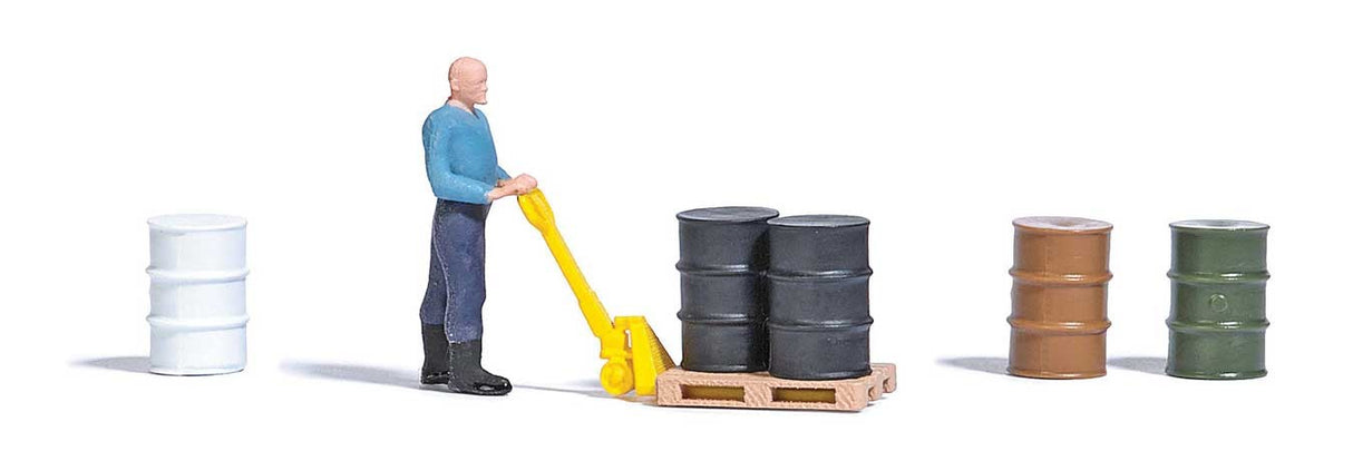 Busch HO Pallet Jack with Figure, 5 Steel Drums, Pallet Busch TRAINS - HO/OO SCALE