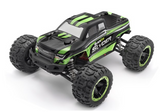 Rugged 1/16 electric monster truck with 4WD and bold green accents.