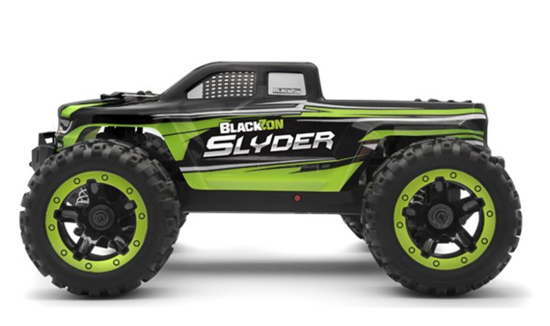 Powerful Blackzon Slyder MT 1/16 4WD electric monster truck in sleek green design with rugged tires for off-road adventures.