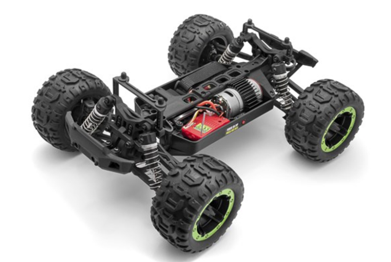 Blackzon Slyder MT 1/16 4WD electric monster truck in green, featuring large off-road tires and robust chassis for outdoor adventures.