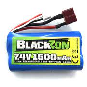 Compact Blackzon battery pack with 7.4V, 1500mAh capacity, featuring a T-plug connector for RC car applications.