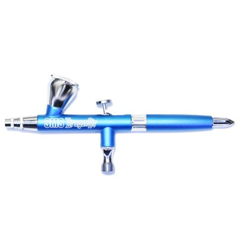 Blue dual-action 0.2 airbrush from Scale Modellers Supply, featuring a sleek, metallic finish and precision controls for detailed painting.