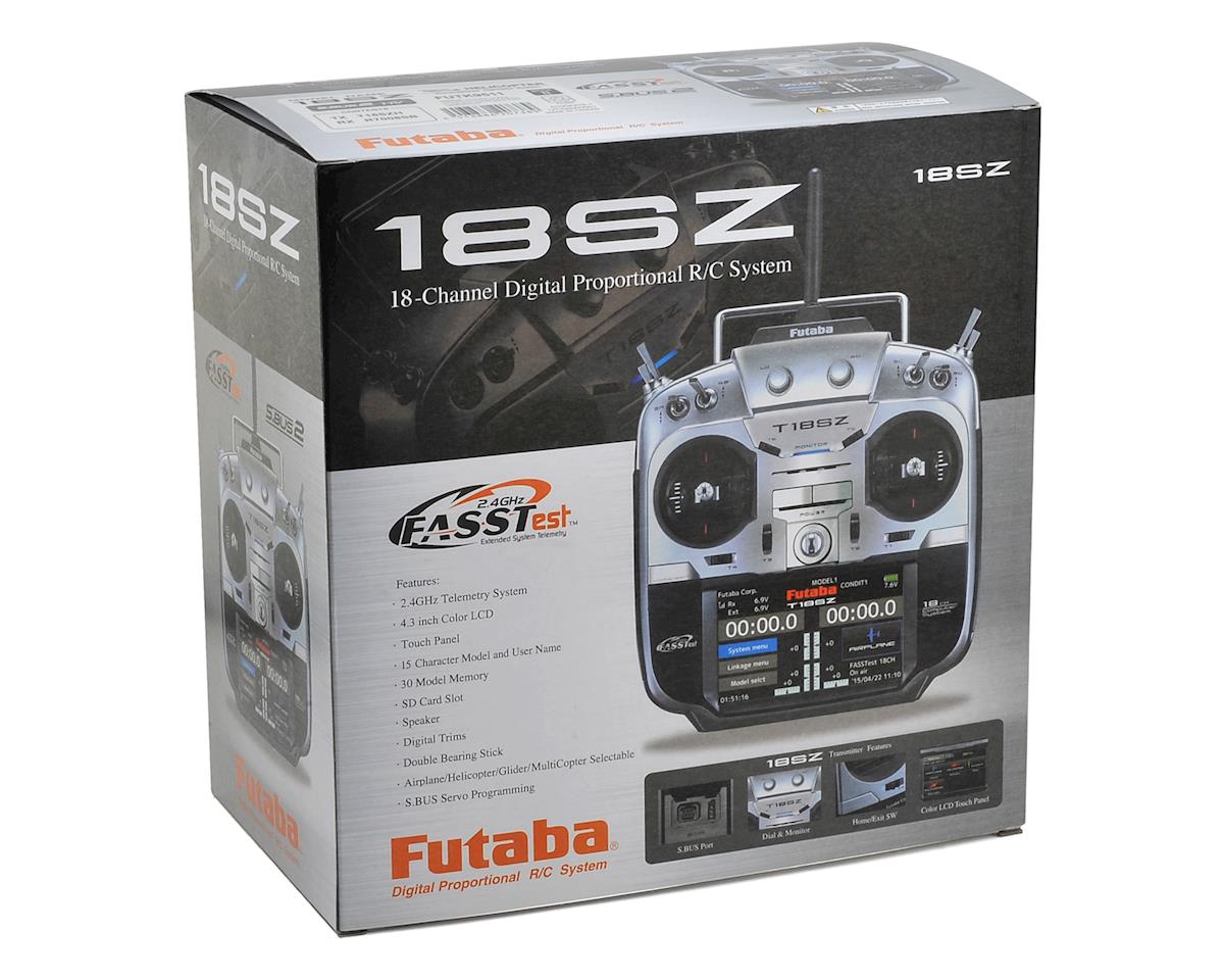 Sleek and modern-looking Futaba 18SZ Transmitter w/R7008SB Mode 1 radio control system for RC models, showcased in the product packaging.