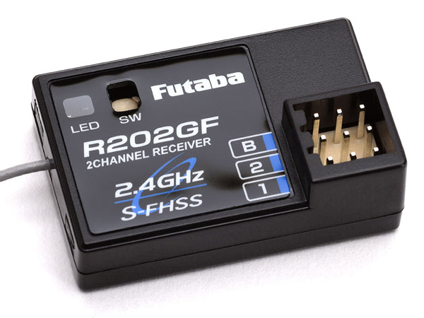 Compact 2-channel Futaba R202GF S-FHSS radio receiver with 2.4GHz frequency and LED indicator.