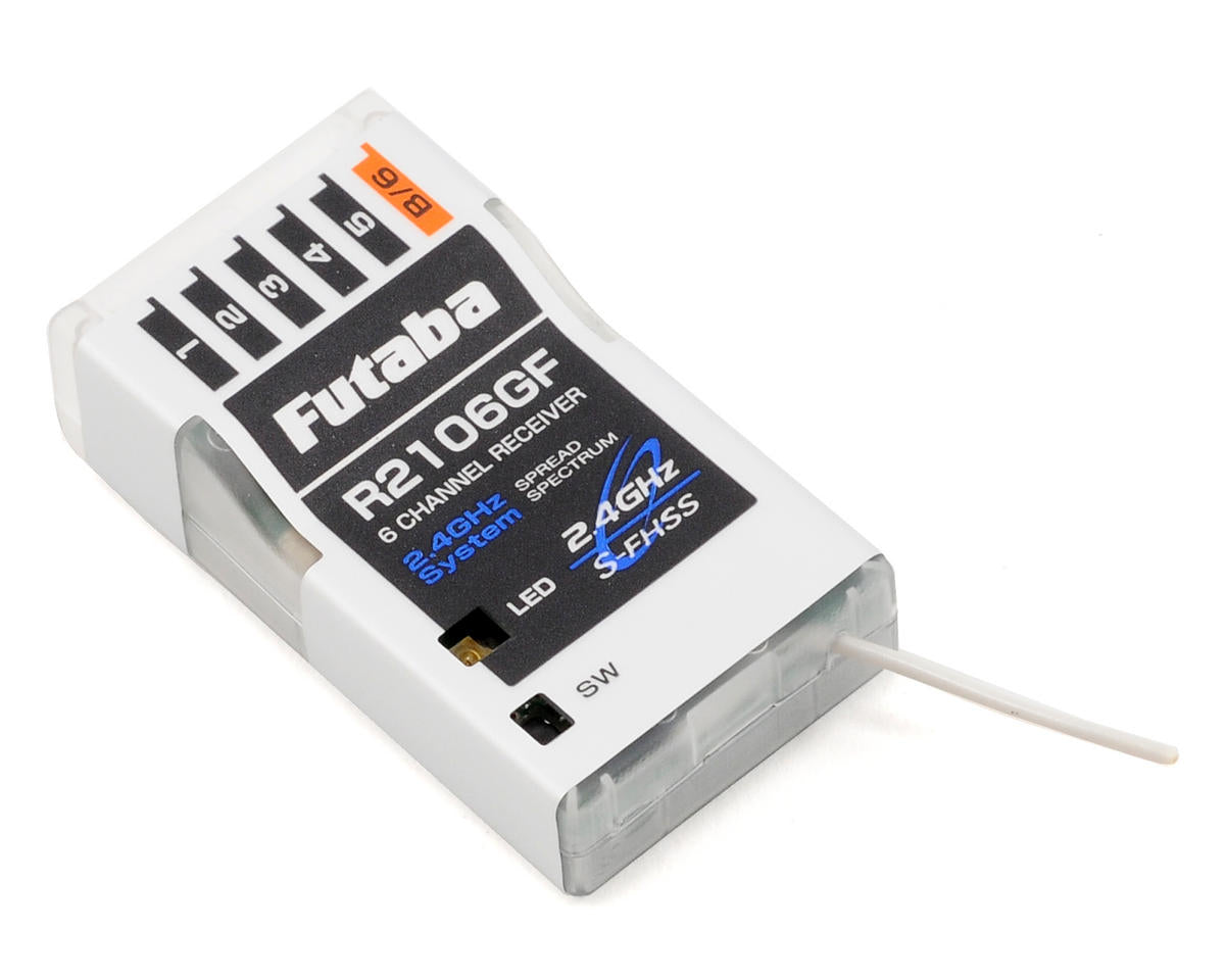 Compact Futaba R2106GF 2.4GHz FHSS 6-channel micro receiver with LED indicators, designed for RC models and hobby applications.