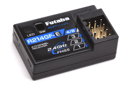 Compact 4-channel wireless radio receiver for 4WD vehicles, with S-FHSS technology and LED indicators by Futaba.