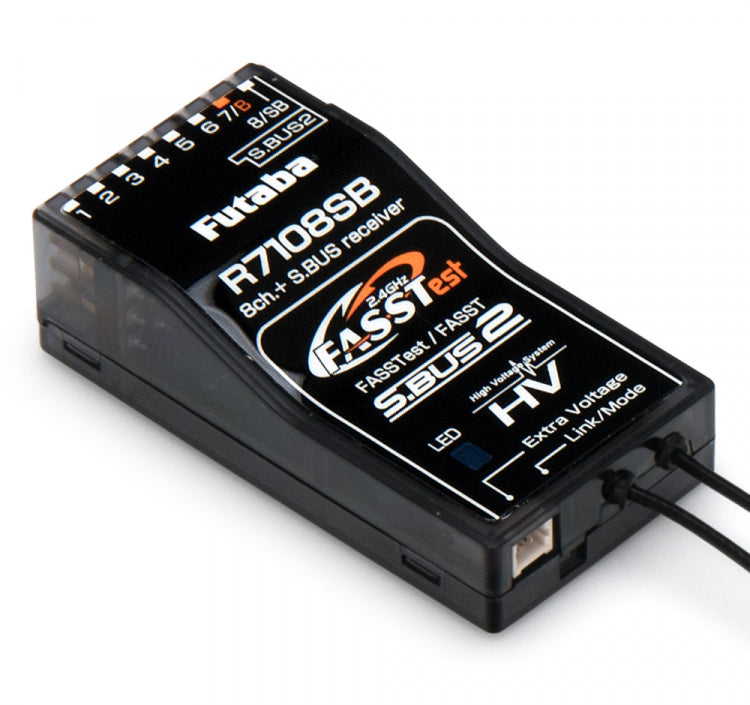 Compact Futaba R7108SB 2.4Ghz S-Bus HV FASST receiver with LED indicators and multiple connectors.