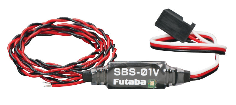 Futaba SB01V SBUS voltage sensor with red and black twisted wires, providing precise voltage monitoring for radio-controlled devices.