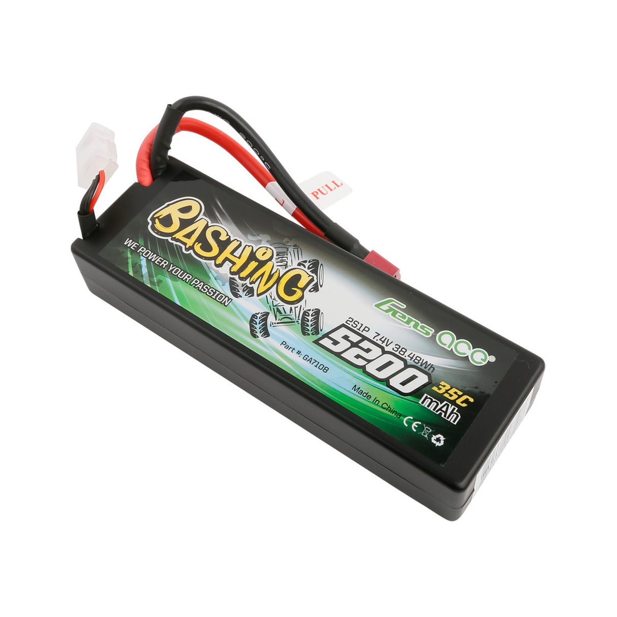 Gens Ace 5200mah 2S 7.4v 35C Hardcase Lipo Battery with Deans connector, a high-capacity rechargeable power source for RC devices.
