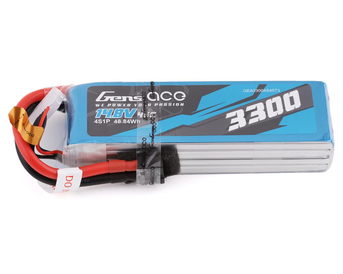Gens Ace 4S 3300mAh 14.8V 45C soft case LiPo battery with red and black wires displayed on a blue background.