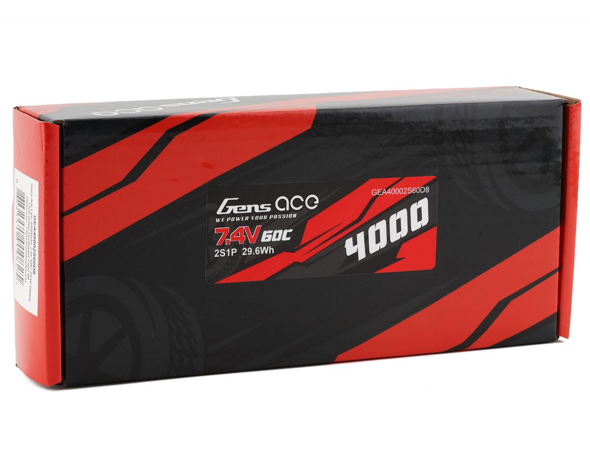 Gens Ace 2S 4000mAh 7.4V 60C oval hardcase/hardwired LiPo battery in red and black packaging.