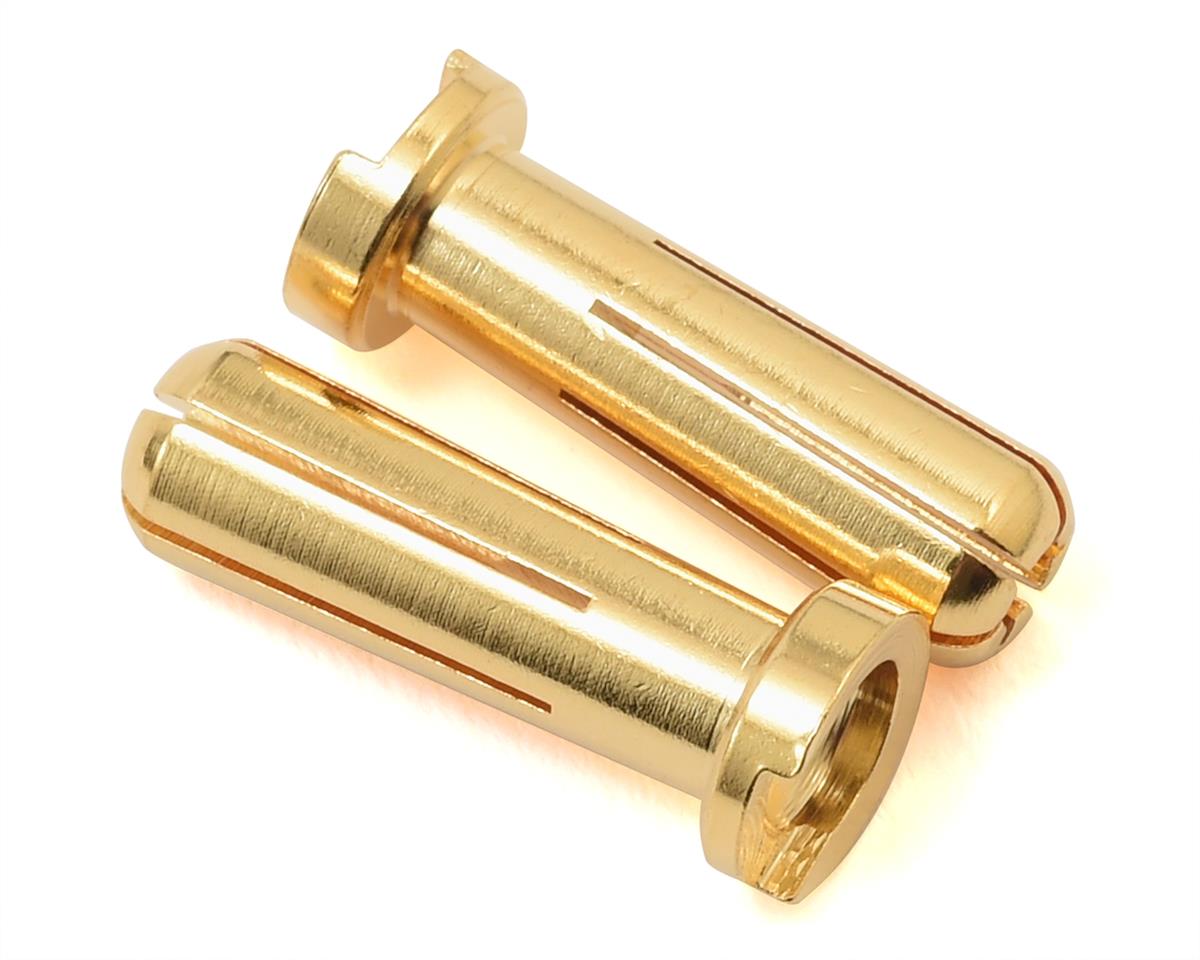 Pair of golden-colored metal battery connectors with a 5.0mm bullet design, showcased in a product image.