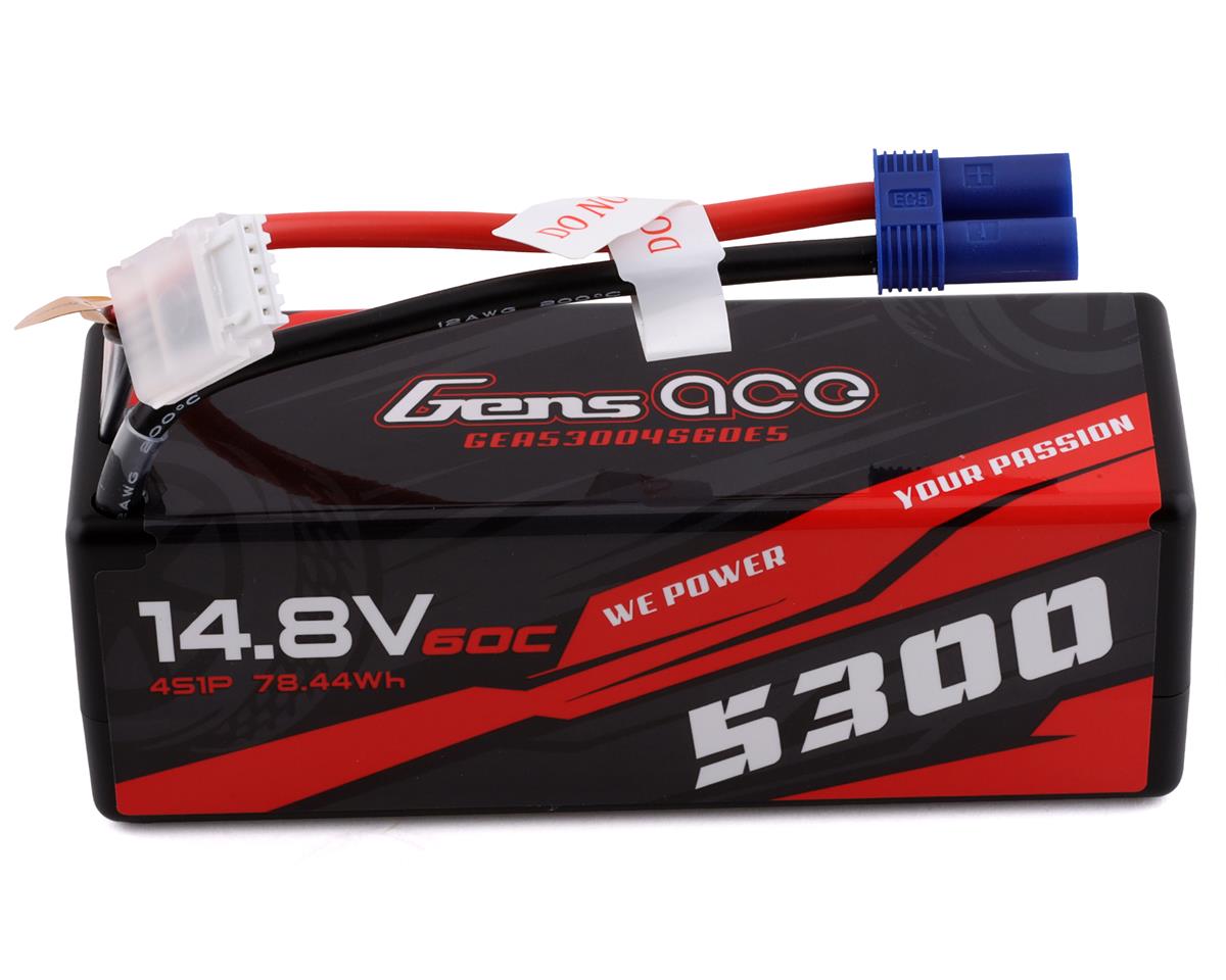 Gens Ace 5300mah 4S 14.8v 60C Hardcase LiPo Battery (EC5) - Powerful, high-capacity rechargeable battery for RC devices.