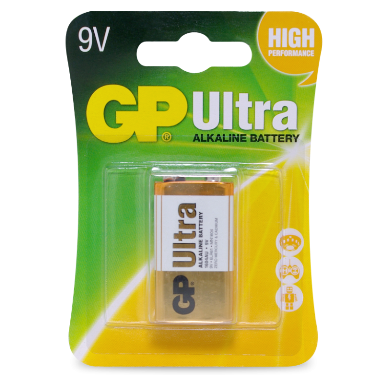 Powerful GP Ultra 9V heavy-duty alkaline battery in green and yellow packaging.